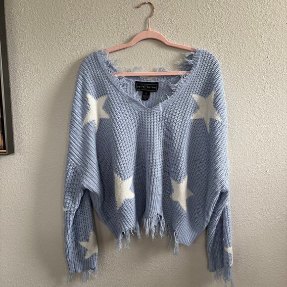 Polly & Esther Star Baby Blue Raw Hem Distressed Knitted V-neck Sweater Size XL - Picture 3 of 13
